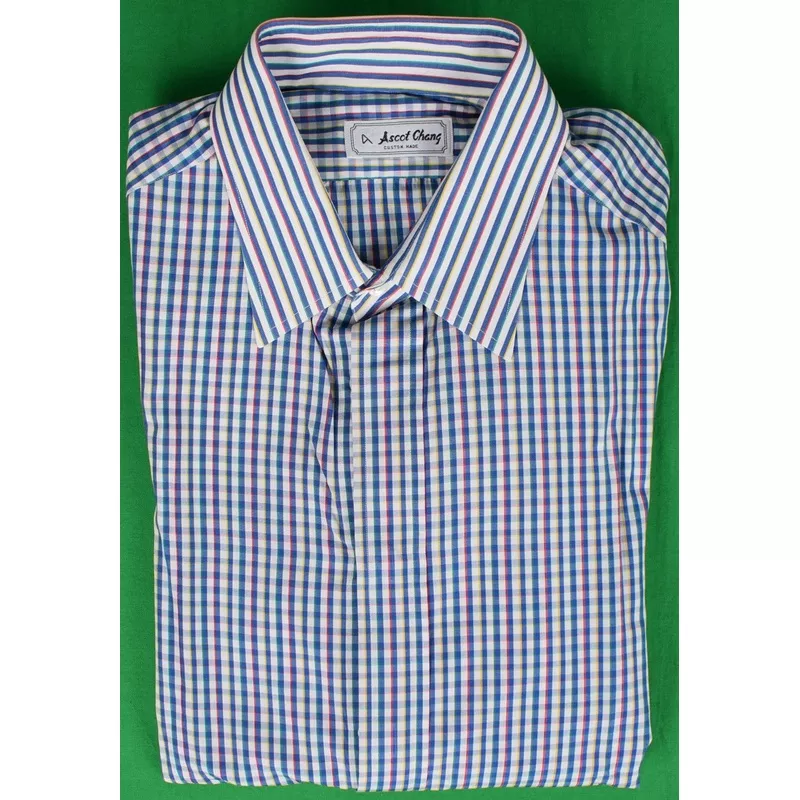 “Ascot Chang Custom Multi-Blue Check w/ Button Cuff c1995 Dress Shirt” Sz: 16-36