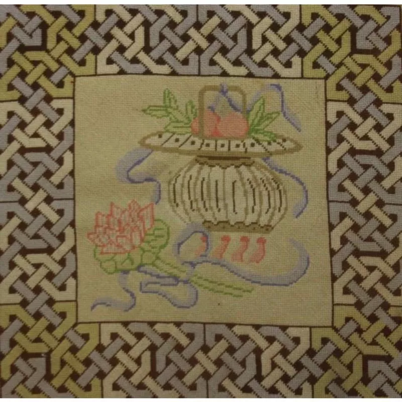 “Beige & Pastel Blue Flower Pot c1960s Needlepoint Rug”