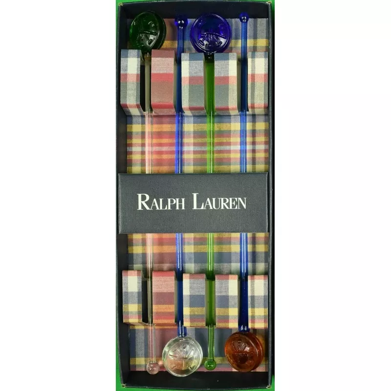 “Box Set of Ralph Lauren 4 Glass Polo X’d Mallet Swizzle Sticks”