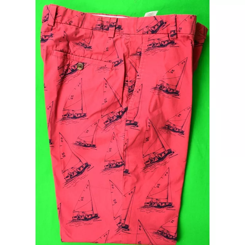 “Brooks Brothers Breton Red Poplin Trousers w/ Vintage Paul Brown Sailboat Print” Sz 32W x 30L