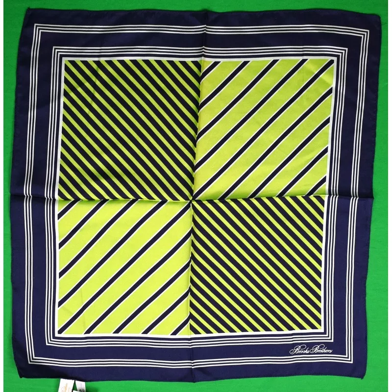 “Brooks Brothers Navy/ Lime Diagonal Stripe Silk Pocket Square” (NWT) (SOLD)