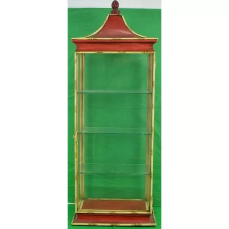 “Chinoiserie 3 Shelf Glass & Metal Bamboo Frame Pagoda c1950s Vitrine”