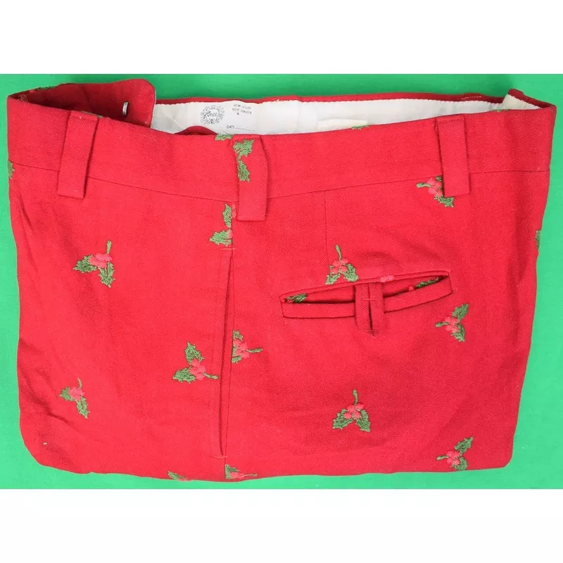 “Chipp Christmas Red Flannel Trousers w/ Embroidered Holly/ Berry Motif” Sz 40