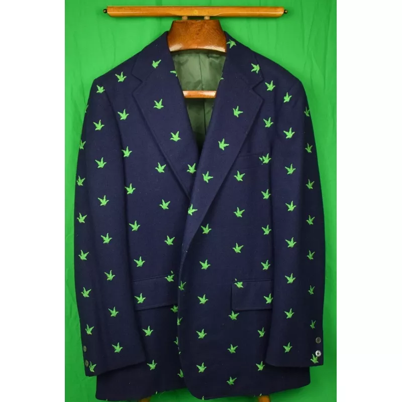 “Chipp Navy Doeskin Flannel Blazer w/ Embroidered Lime Green Ducks” Sz 42L (DEADSTOCK)