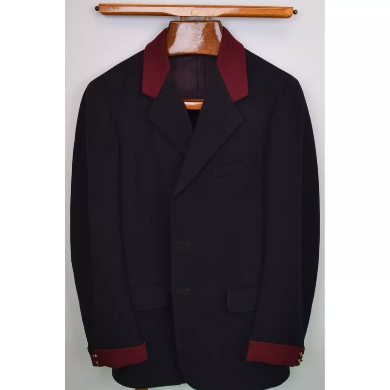 “Chipp Navy Flannel c1943 Riding/ Hunting Coat w/ Burgundy Chesterfield Collar & Contrast Cuff” Sz 38R