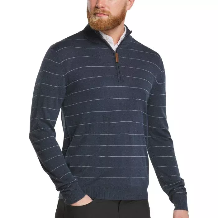 FootJoy Wool Heather Stripe Quarter-Zip Pullover Golf Sweater - Navy/Steel Blue