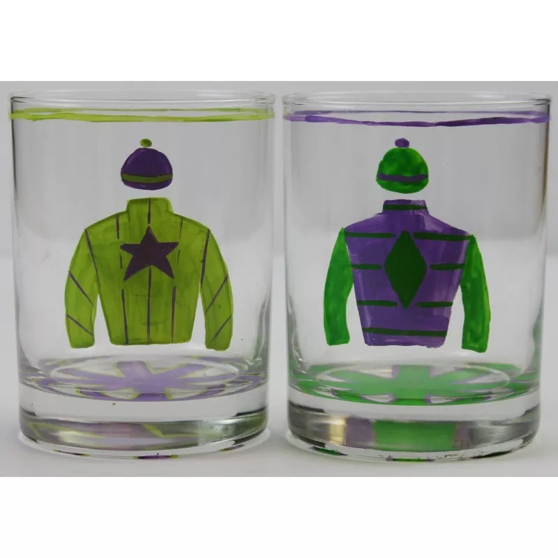 ‘Pair of Hand-Painted Jockey Silks Old-Fashioned Bar Glasses’