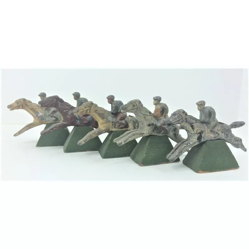 ‘Set of 5 English Lead Board Game Jockeys on Wood Plinth Fences’